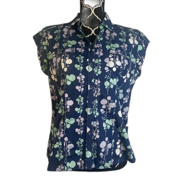 Woolrich Blue Printed Cap Sleeve Button Front 100% Cotton Blouse Size Medium - Picture 1 of 11
